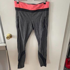 Lululemon Heather Gray Full Length Leggings, Mesh Detail, Coral Waistband Size 6